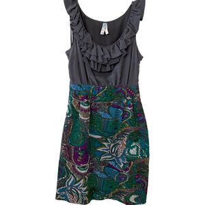 Anthropologie Maeve Grey Ruffle Silk Paisley Sleeveless Dress sz. 0 mixed media